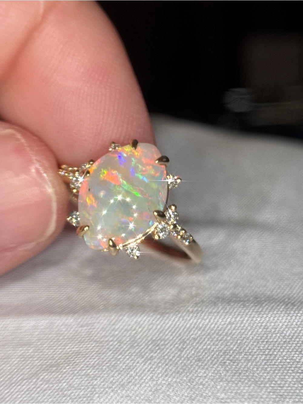 Australian Opal and Diamond Halo Ring in 14k Yellow Gold - Iridescent Opal - Picture 4 of 12